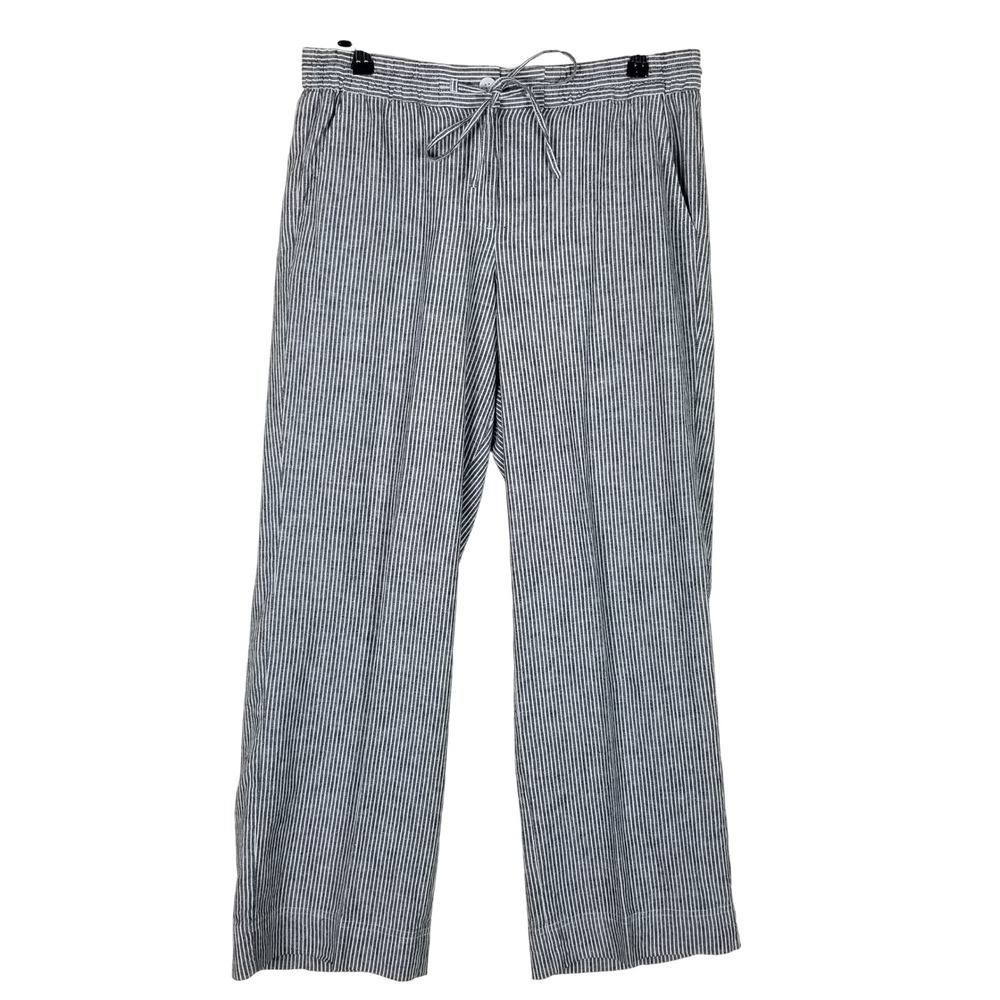 Talbots Striped Pants Womens 12P Blue‎ Linen Cotton Blend Wide Leg Drawstring